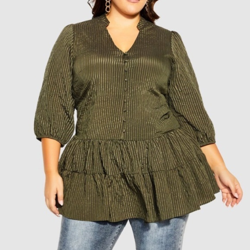 City chic shirt‎ tunic NEW peplum Sofia olive green striped jacquard